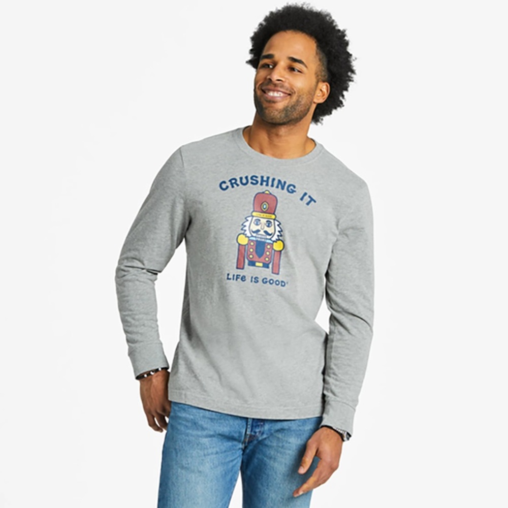 NWT Life Is Good Men’s Crushing It Nutcracker Long Sleeve Tee Heather Gray XL